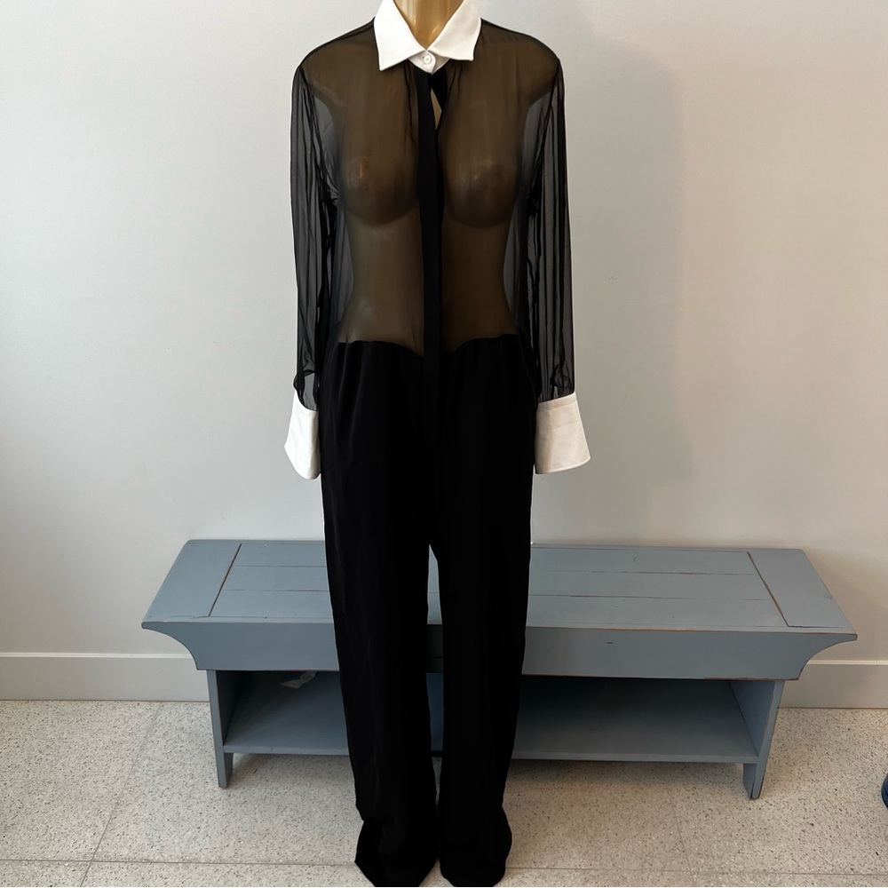 New Valentino Jumpsuit Sz 8 Sheer Tuxedo Silk Long Sleeves - Picture 1 of 10
